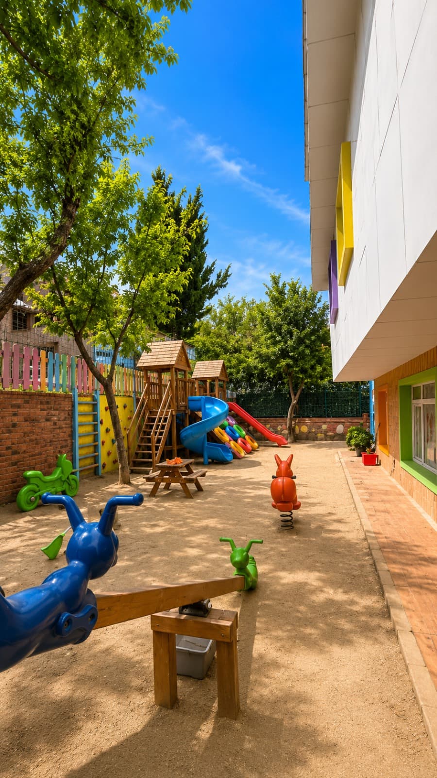 Renkli oyuncaklarla dolu geniş bahçe oyun alanı